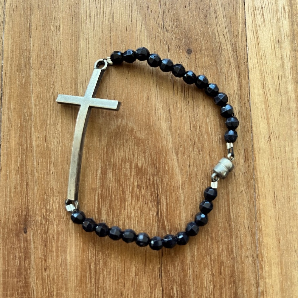 Silver black bead cross bracelet magnetic clasps handmade